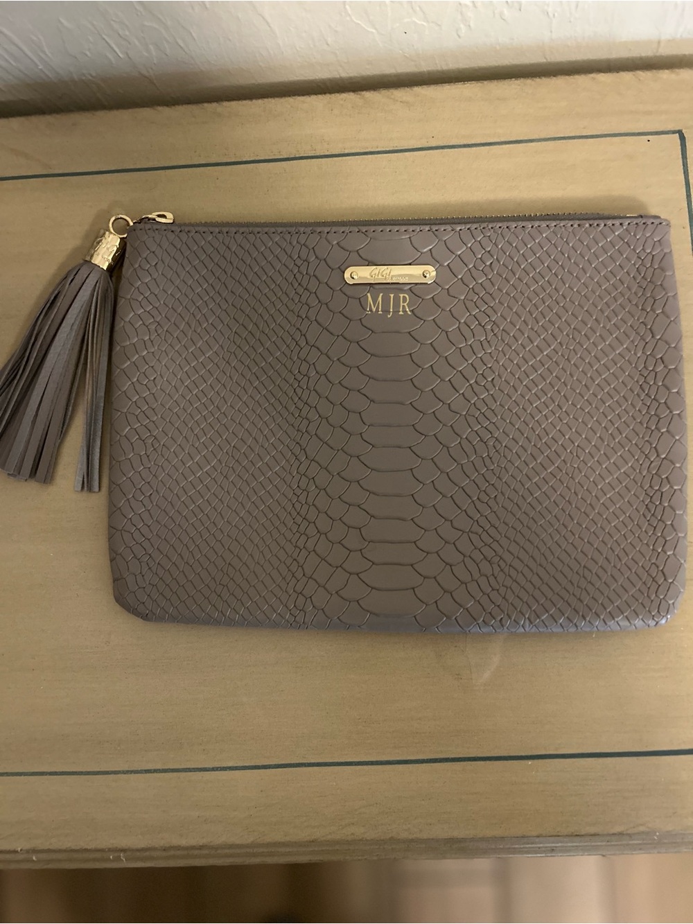 GiGi New York Taupe Snake-Embossed Leather Mini Zip Pouch with Tassel